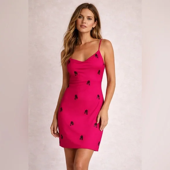 Cinq à Sept Cerise Pink Black Sequin Lace-Up Corset Mini Dress Size 10 - Picture 1 of 15